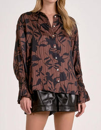 ELAN Gwen Fall Button Down Blouse in brown black - women's shirt