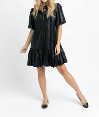 Karlie - Pleather Puff Sleeve Ruffle Dress