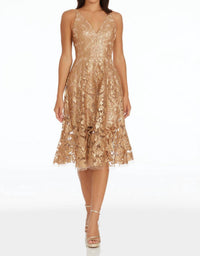 DRESS THE POPULATION Blair Midi Dress in gold nude - women's dress