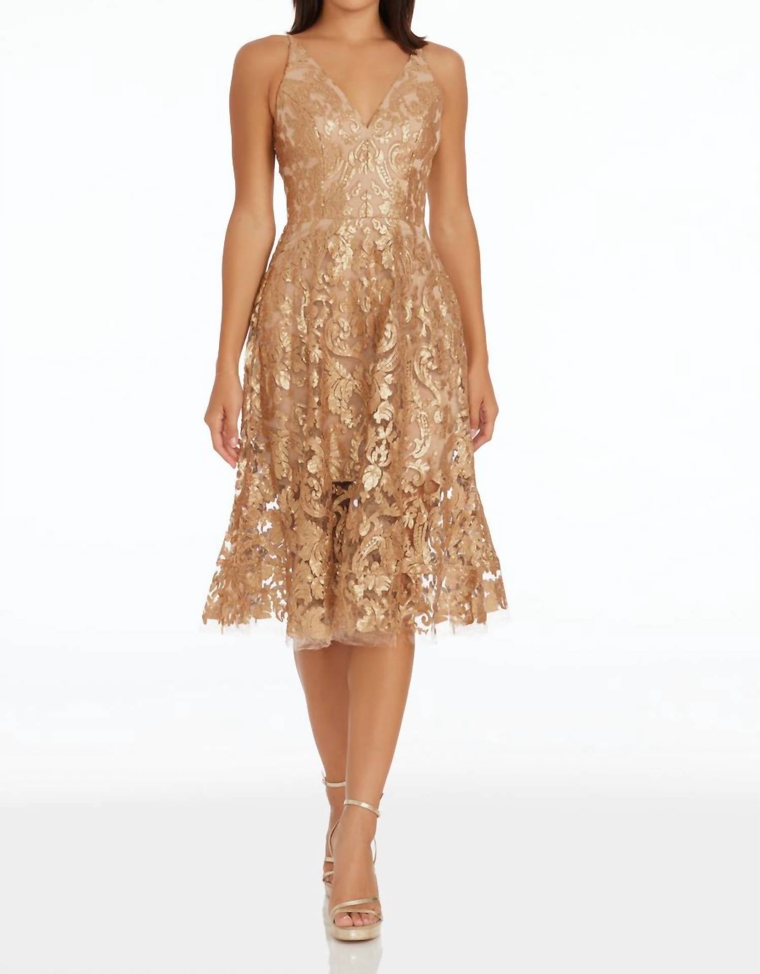 DRESS THE POPULATION Blair Midi Dress in gold nude - women's dress