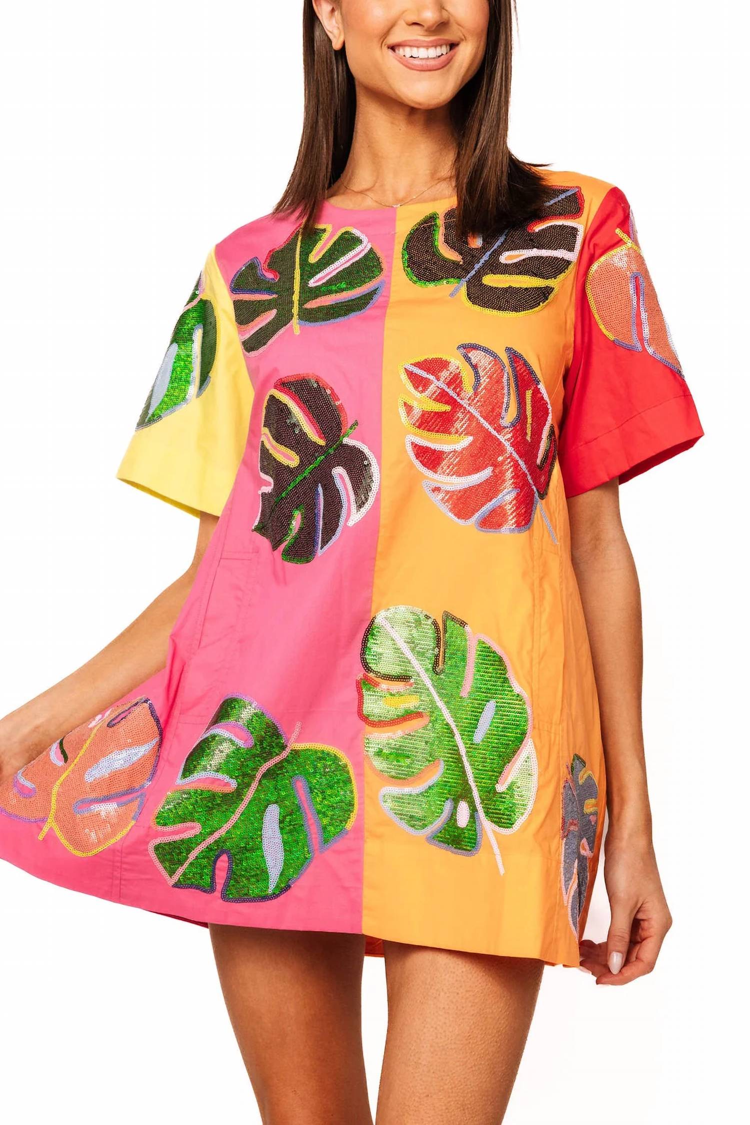 Queen Of Sparkles - Colorblock Cotton Palm Leaf Short Sleeve Dress