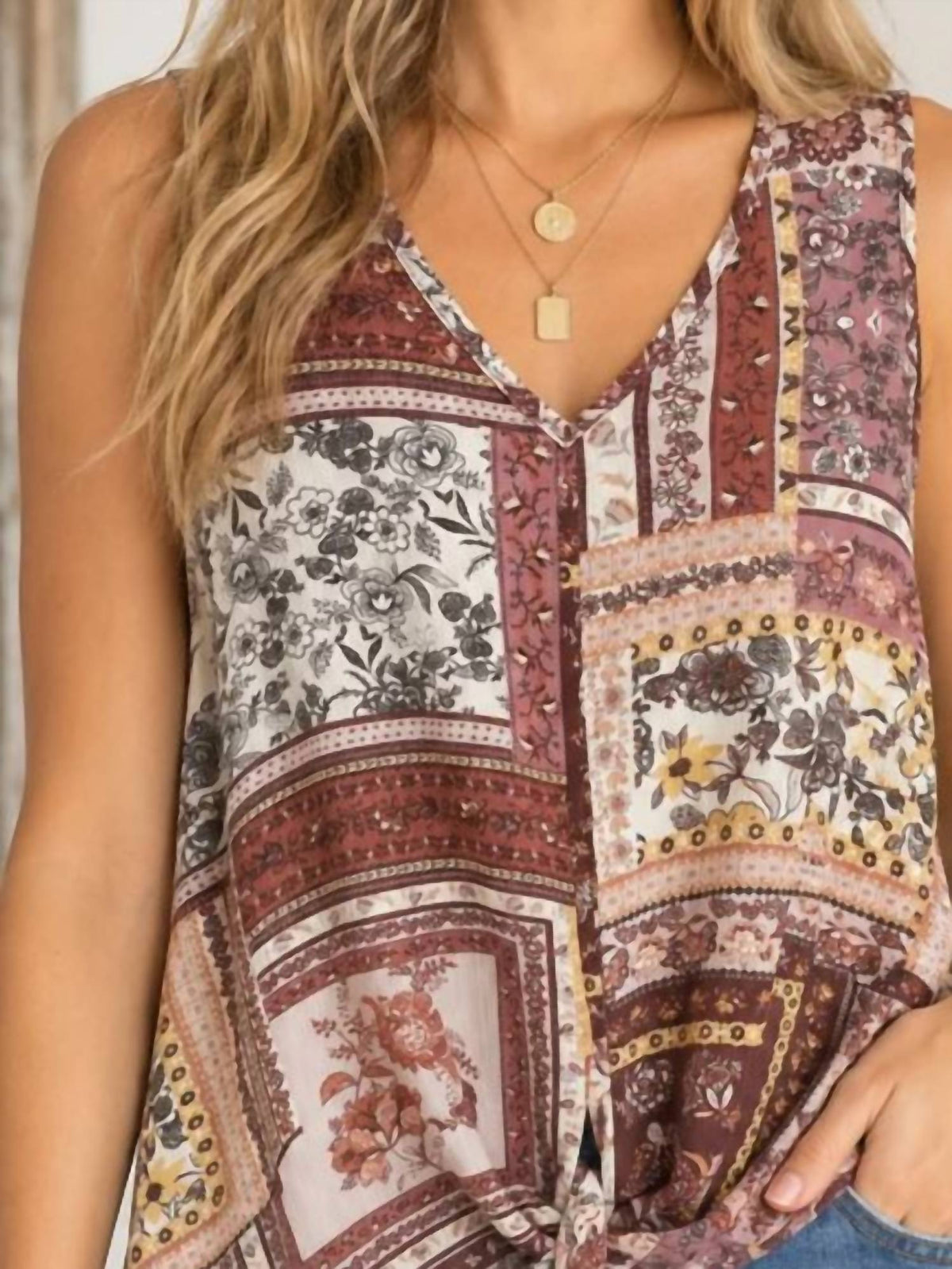 Andree By Unit - Boho Patchwork Front Tie Top