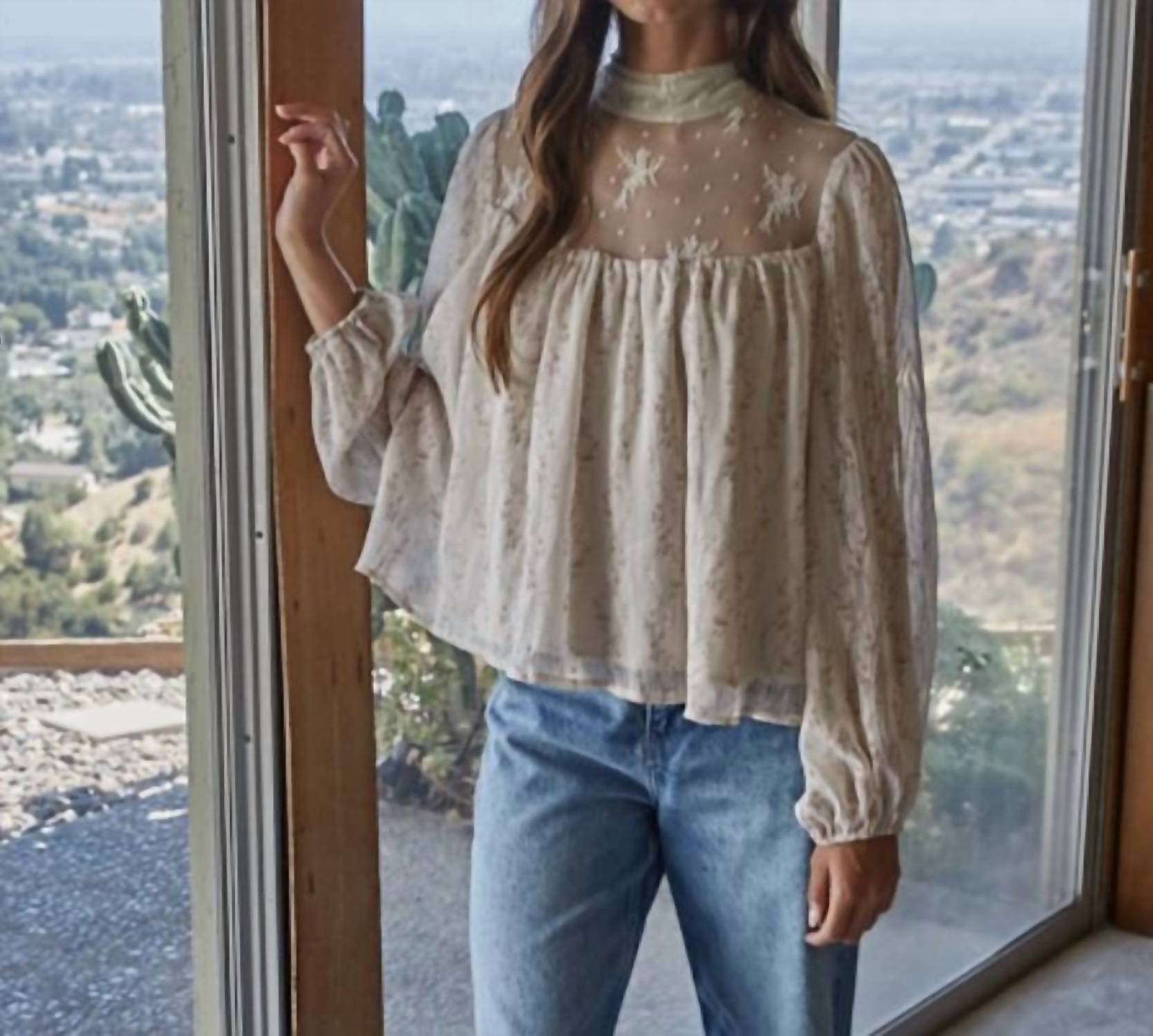 MIOU MUSE Woven Mesh FLowy Top in floral - women's long sleeve top