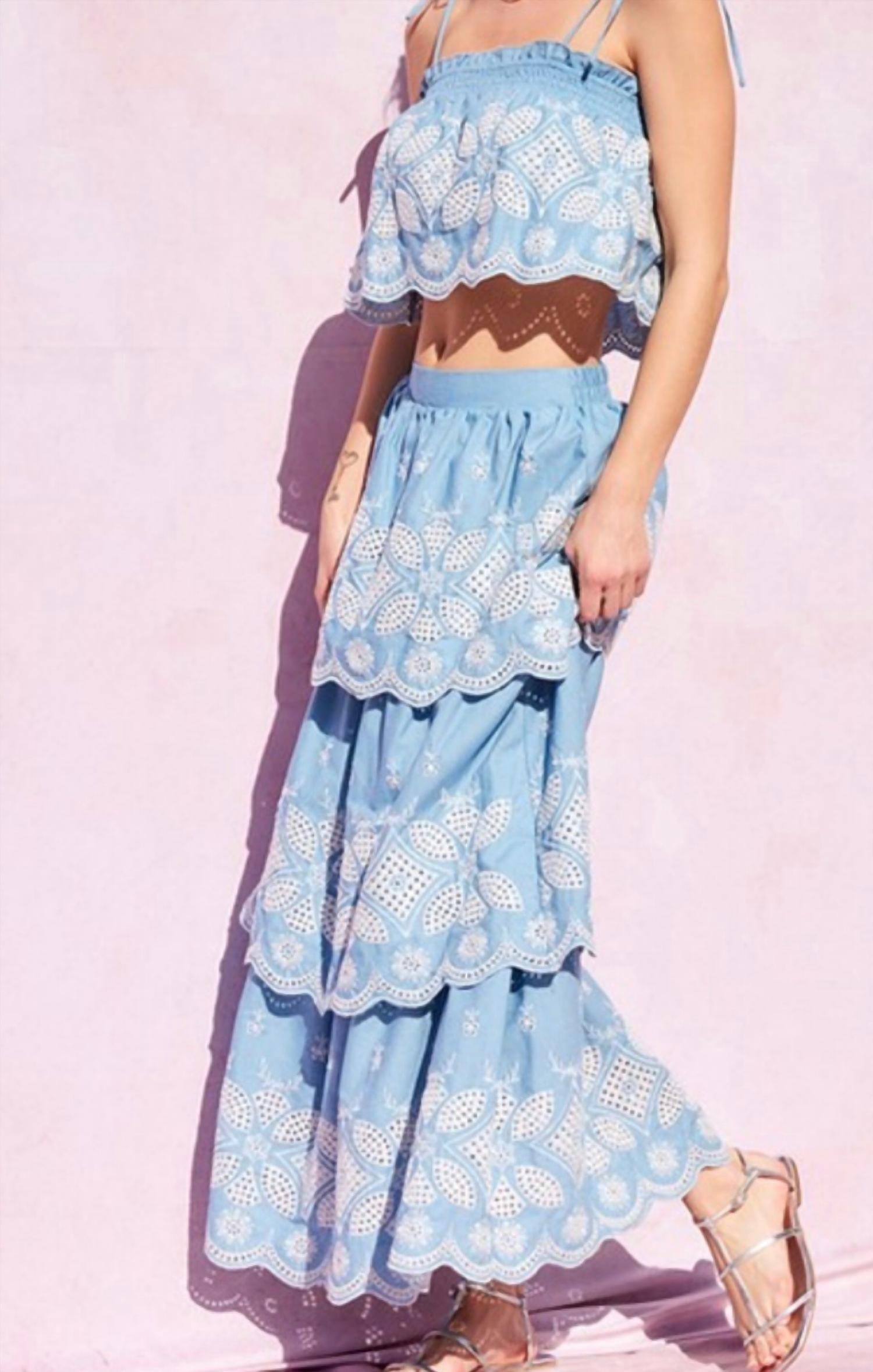 Mint - Chambray Embroidered Top & Maxi Skirt Set