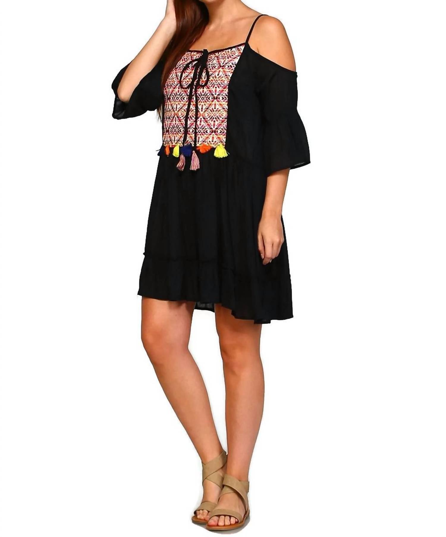 Velzera - Embroidered Tassel Cold Shoulder Mini Dress