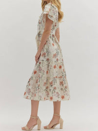 Entro - Floral Print Short Flutter Sleeve Midi Dress
