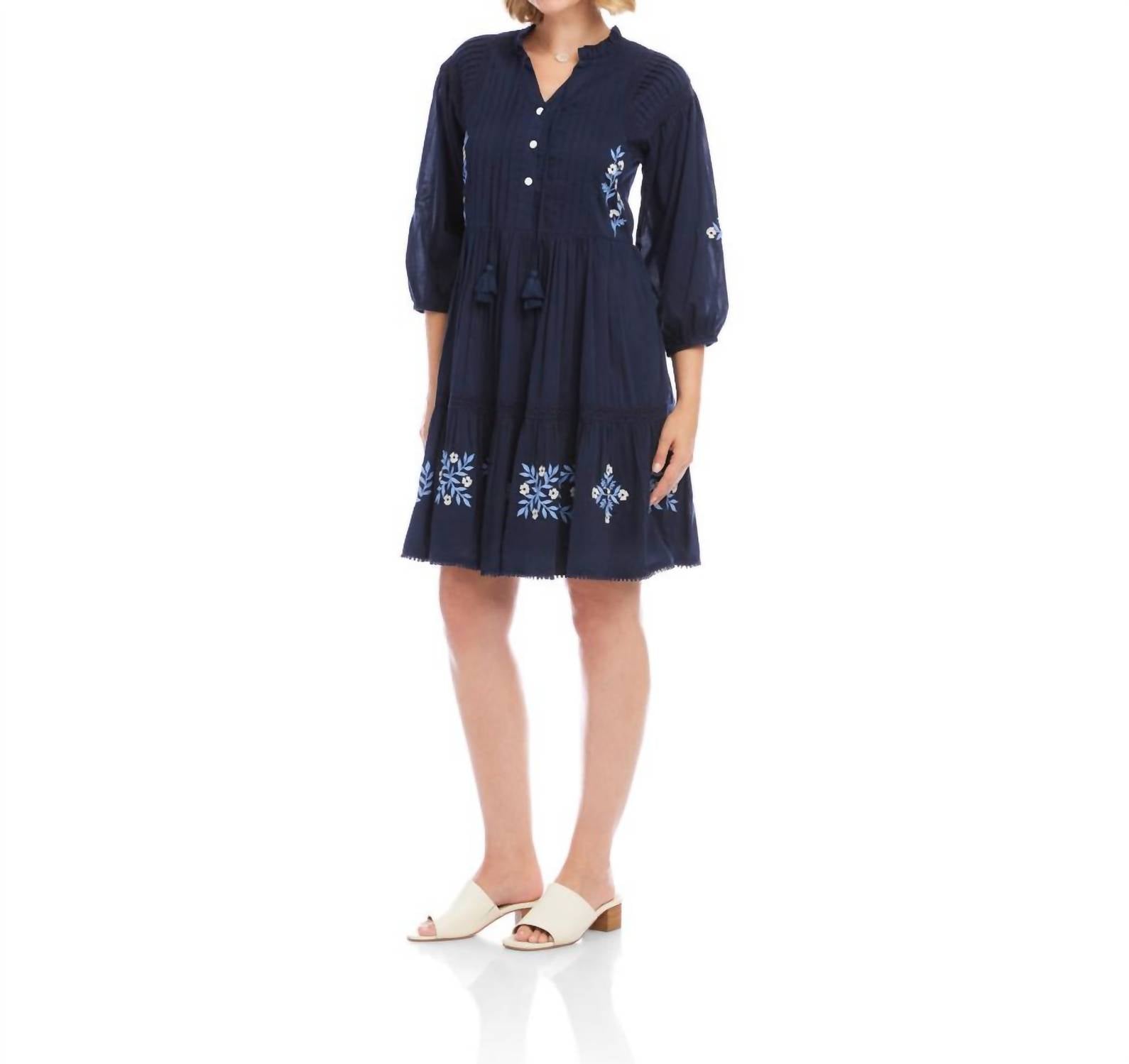 Karen Kane - Blouson Sleeve Embroidered Lace Trim Tiered Dress