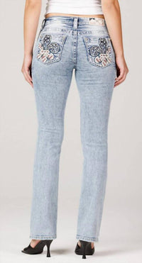 Miss Me Women's Mid Rise Boot Cut Stretch Patriot Jean in light blue - women's jeans - detail view