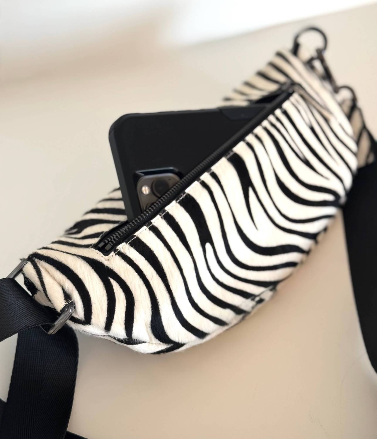 Ginger Blue Women's Zebra Print Hair-on-hide Leather Crossbody Sling Bag in black - women's bag - detail view