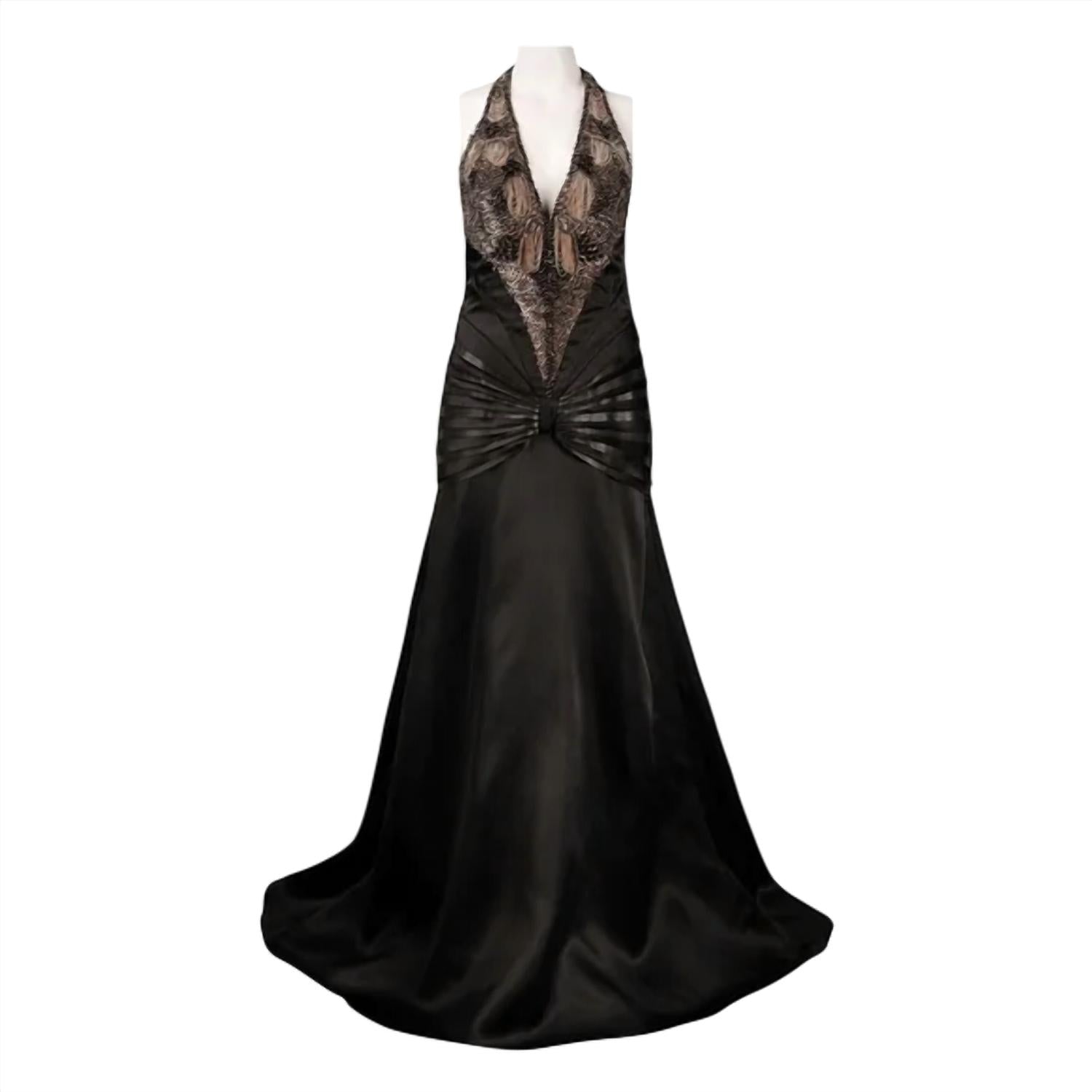 Theia - Halter Strap V-cut Back Shutter Pleat Detail Silk Chiffon Ball Dress