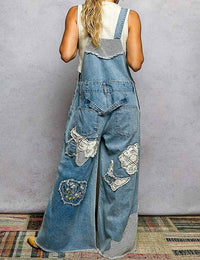Pol - Embroidery Patchwork Buckle Back Woven Denim Overalls
