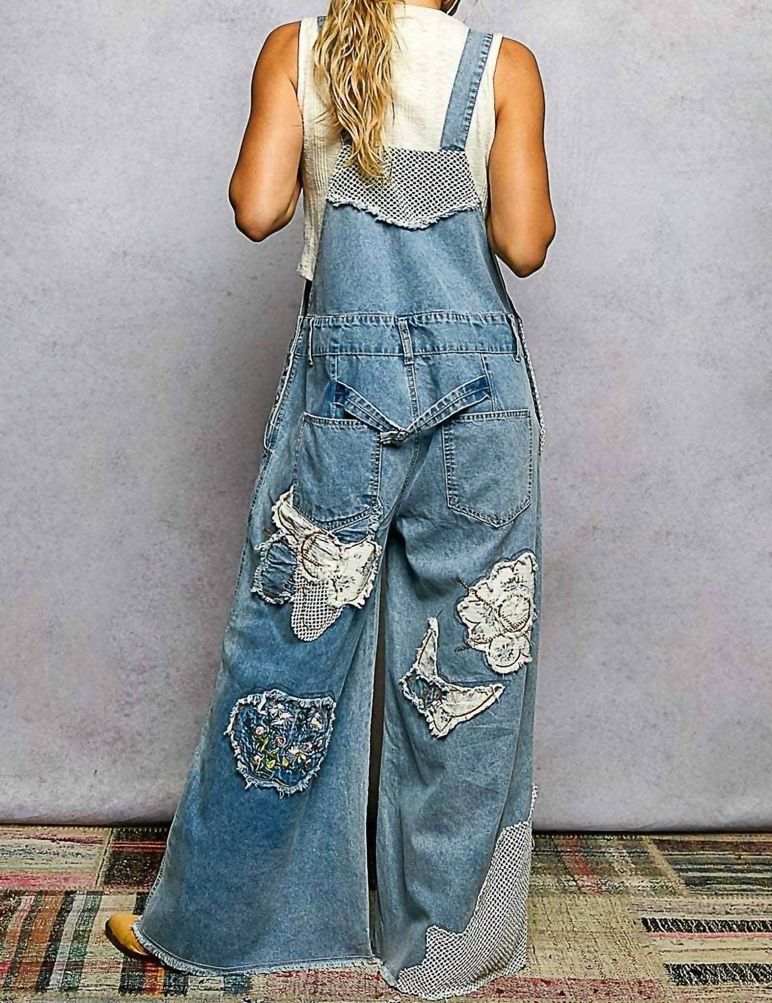 Pol - Embroidery Patchwork Buckle Back Woven Denim Overalls