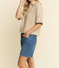 Jade By Jane - Stripe Collar Short Sleeve Shirt