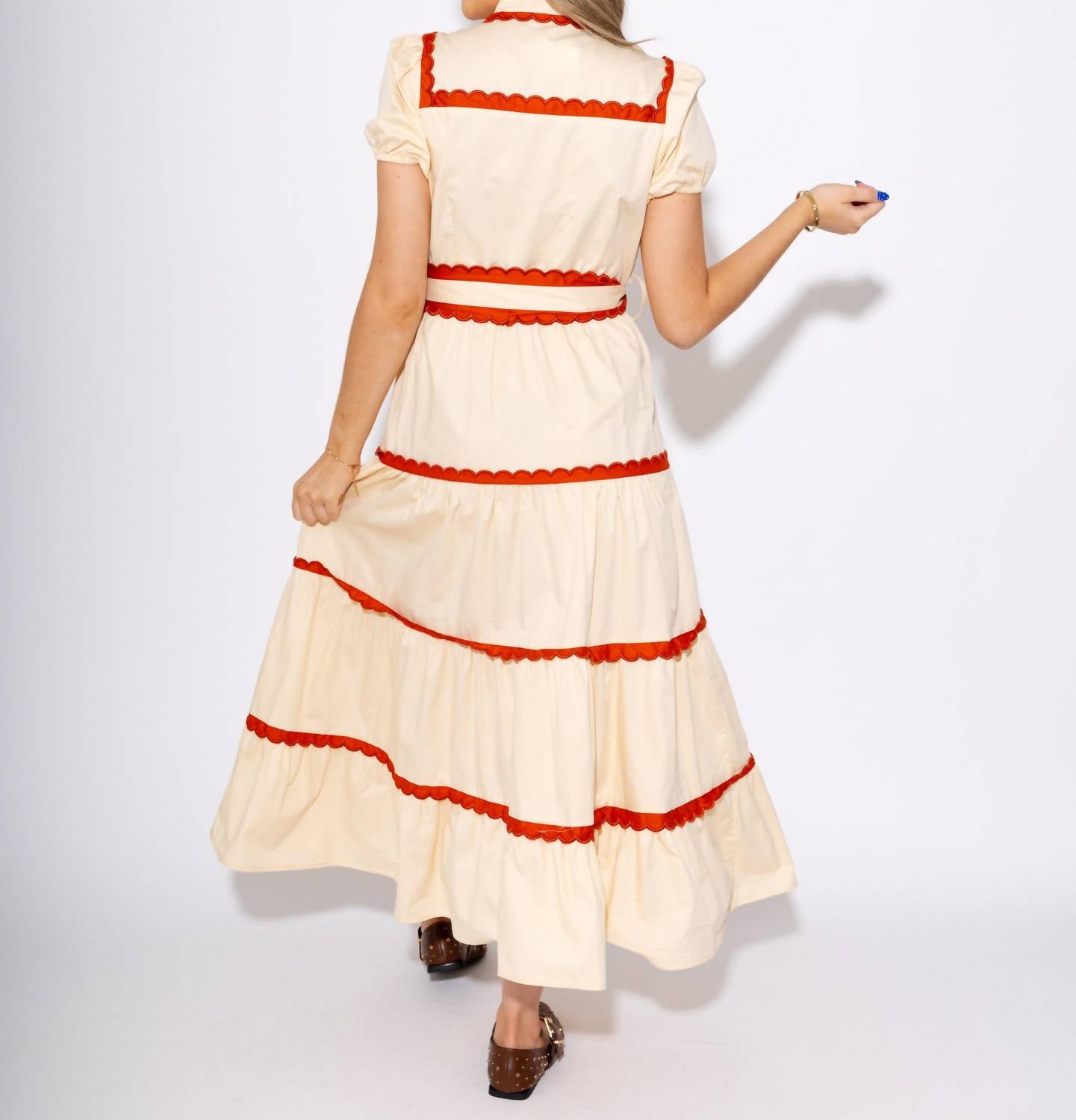 Tcec - Scallop and Stitch Bow Tie Tiered Midi Dress