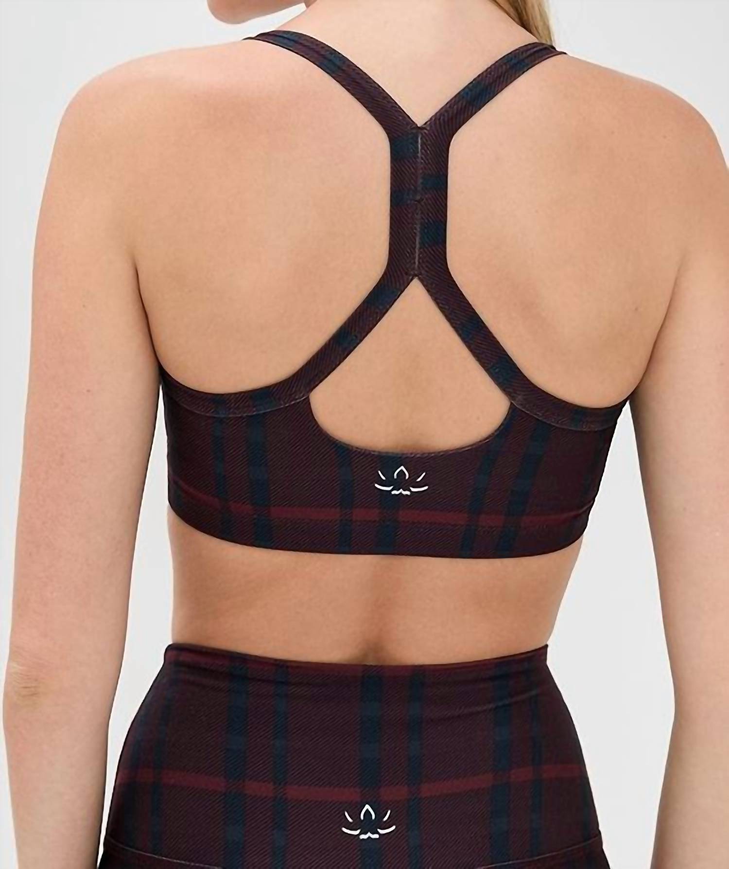 BEYOND YOGA Softmark Slim Racerback Bra in dark cherry preppy plaid - women's intimate - detail view