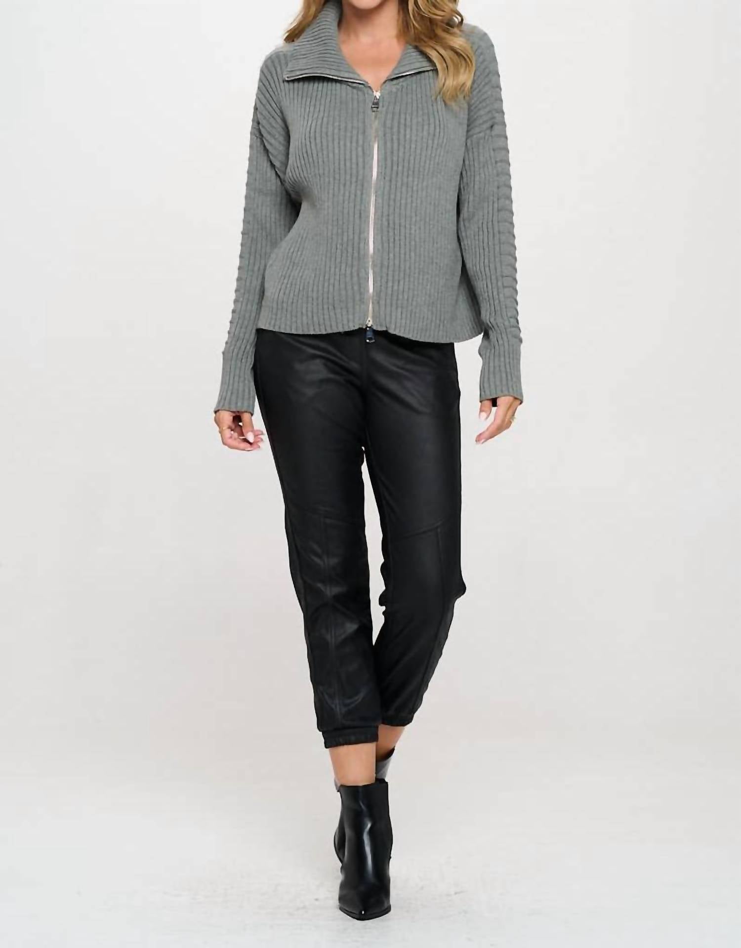 Renee C - Cotton Rib Zip Sweater
