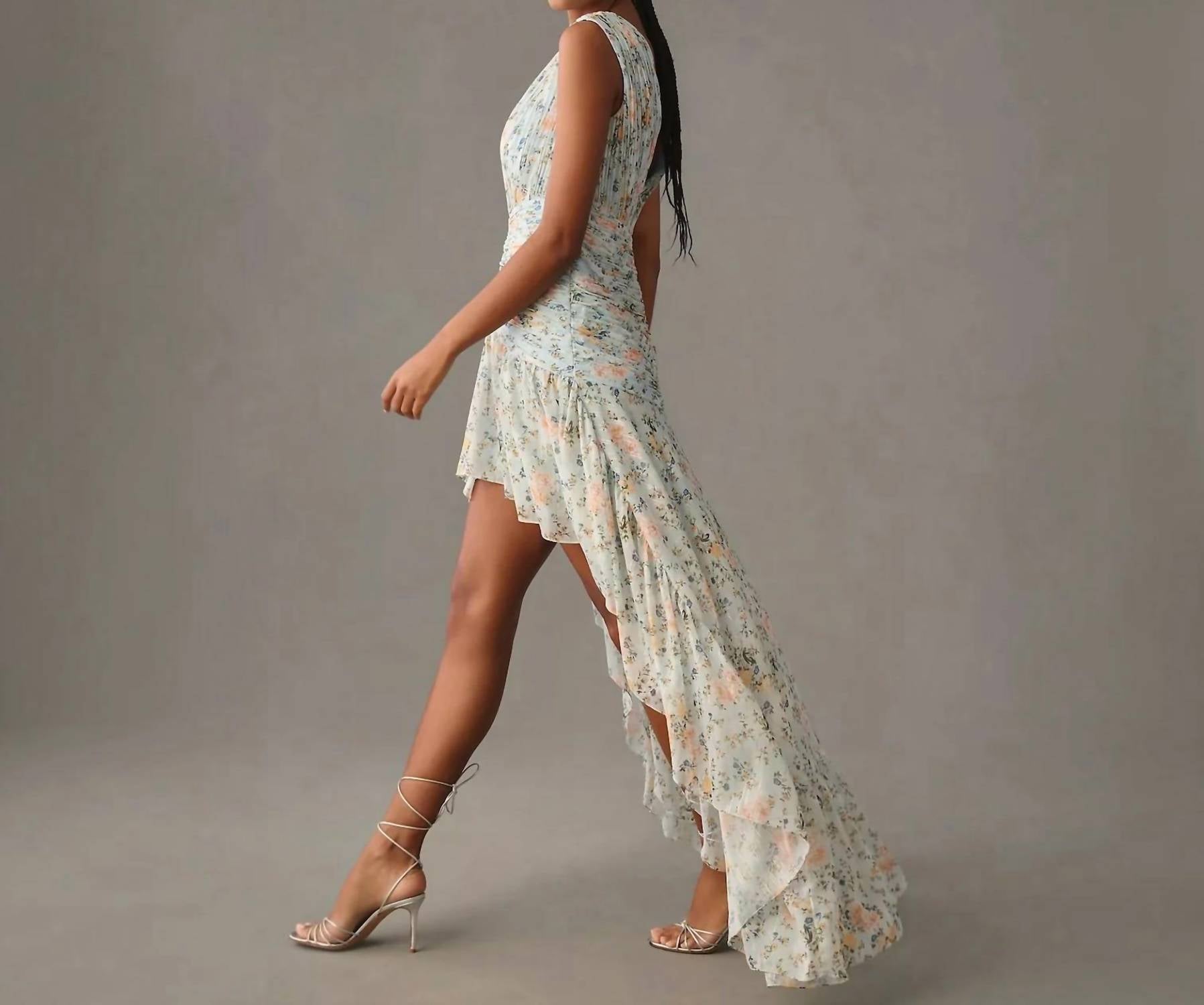 Mac Duggal - Metallic Floral Print Chiffon High-low Gown