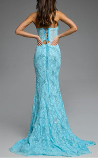 JOVANI Sweetheart Lace Gown with Corset Bodice and Lace-Up Back in blue - women's dress - detail view