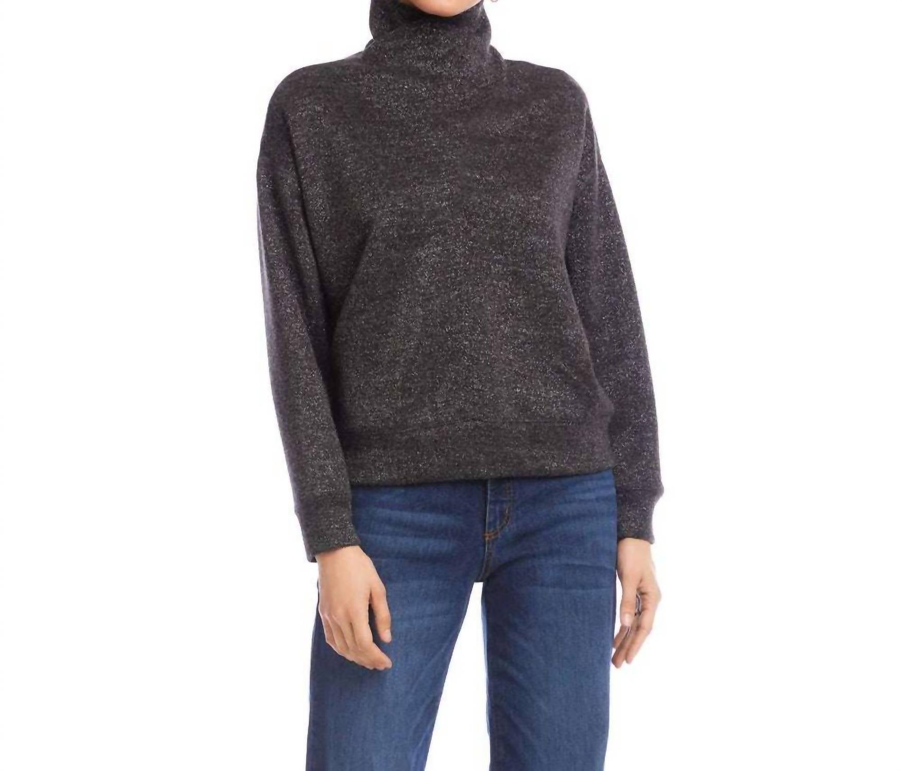 Karen Kane Long Sleeve Faux Wrap Turtleneck Top - Petite in black with silver - women's sweater