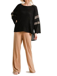 Umgee - Leopard Trim Waffle Knit Top