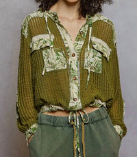 POL Vintage Washed Floral Print Crochet Jacket in olive green - women's jacket