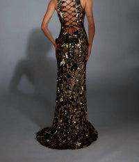 Alyce Paris - Ruffle Sequin Plunging Neckline Gown