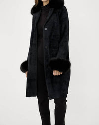 Joseph Ribkoff Faux Fur Trim Shawl Coat in black - women's jacket - detail view