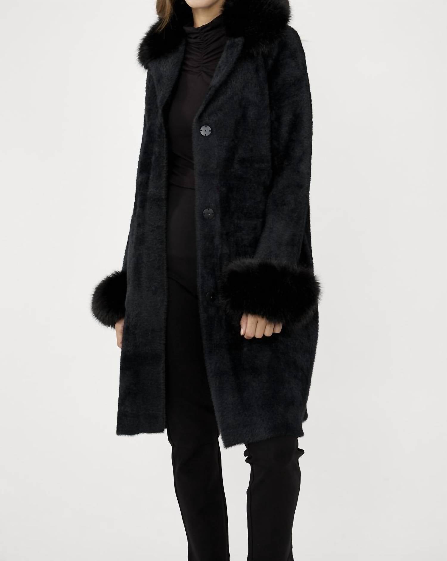 Joseph Ribkoff Faux Fur Trim Shawl Coat in black - women's jacket - detail view
