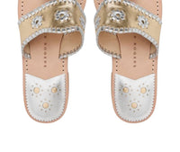 Jack Rogers Women's Original Jacks Metallic Nappa Flat Sandal in platinum silver - women's sandal - detail view
