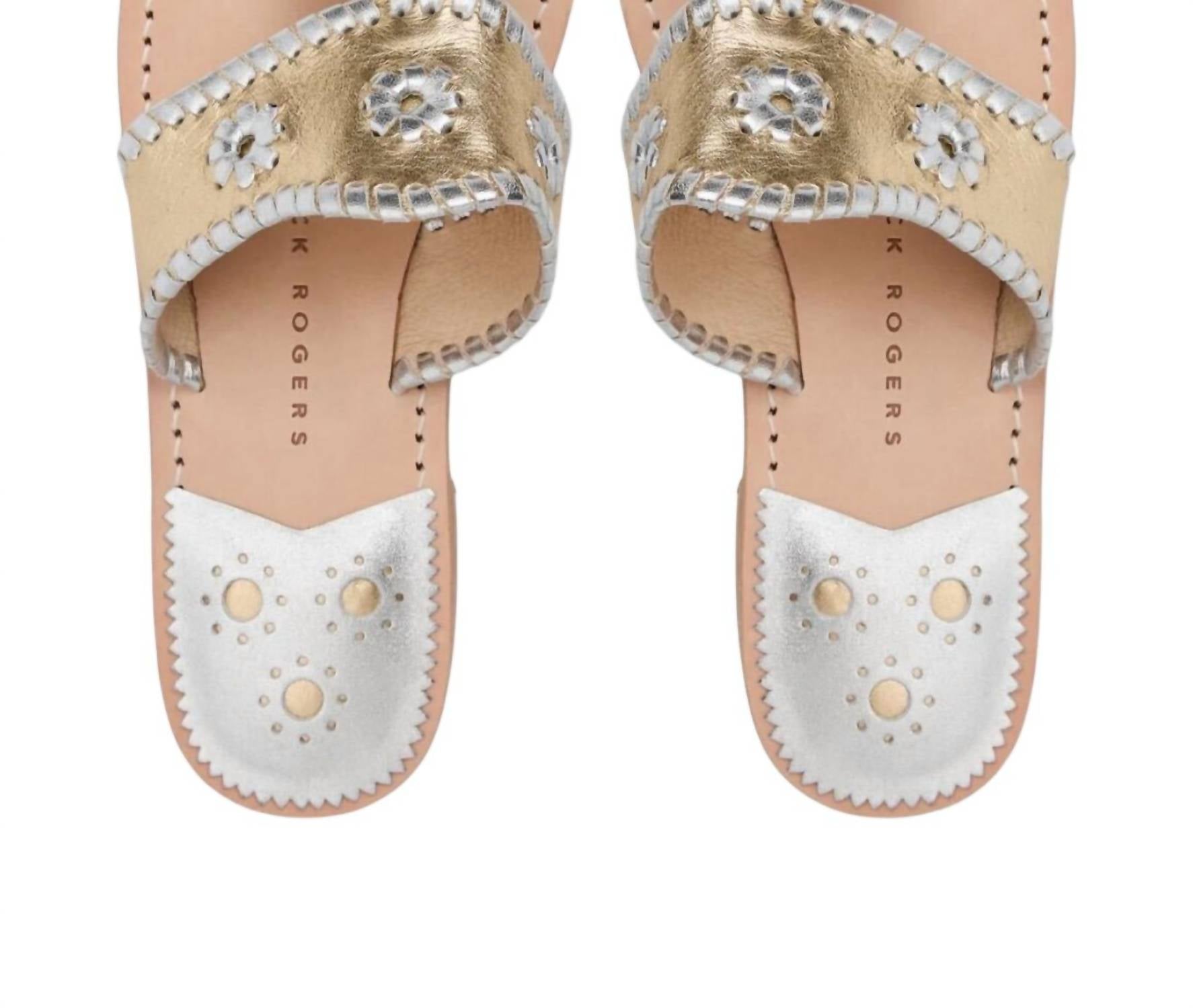 Jack Rogers Women's Original Jacks Metallic Nappa Flat Sandal in platinum silver - women's sandal - detail view