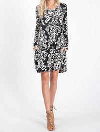 Heimish Usa - Damask Print Long Sleeve V-neck Swing Dress With Pockets