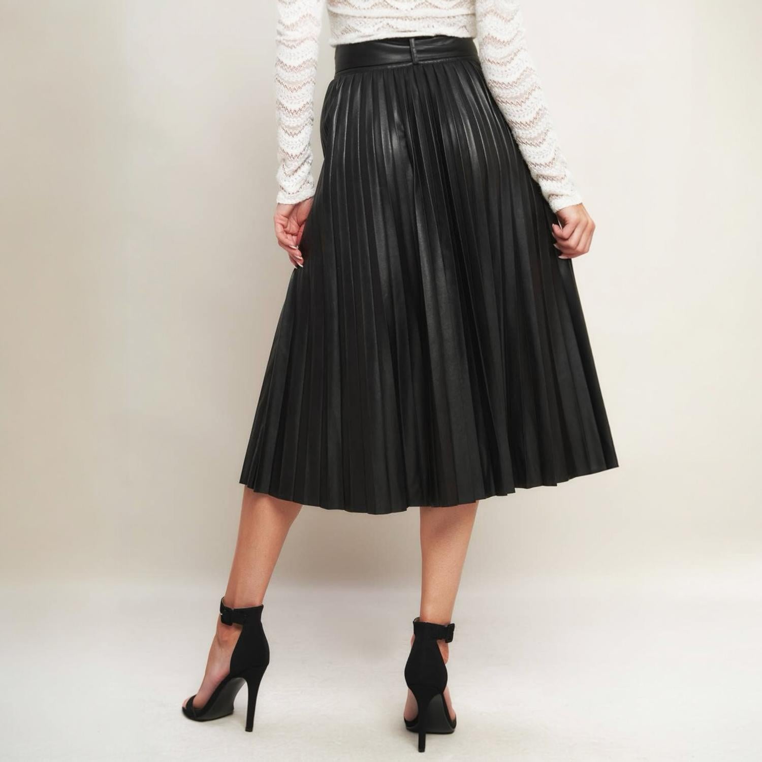 FLYING TOMATO Faux Leather Pleated Skirt in black - women's skirt - detail view