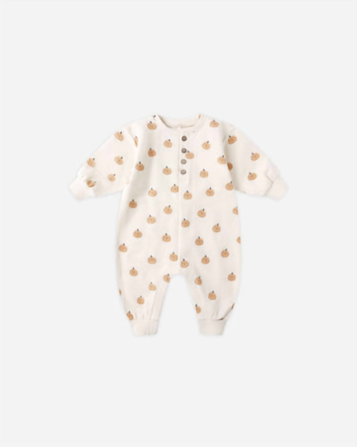 Quincy Mae Kid's Relaxed Fleece Jumpsuit in smiley pumpkins - kids' item - view 4