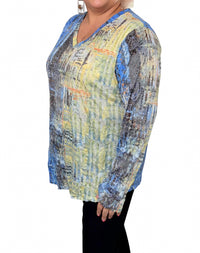 Shana Apparel Long Sleeve Crinkle Tunic Top in blue multi - women's long sleeve top - detail view