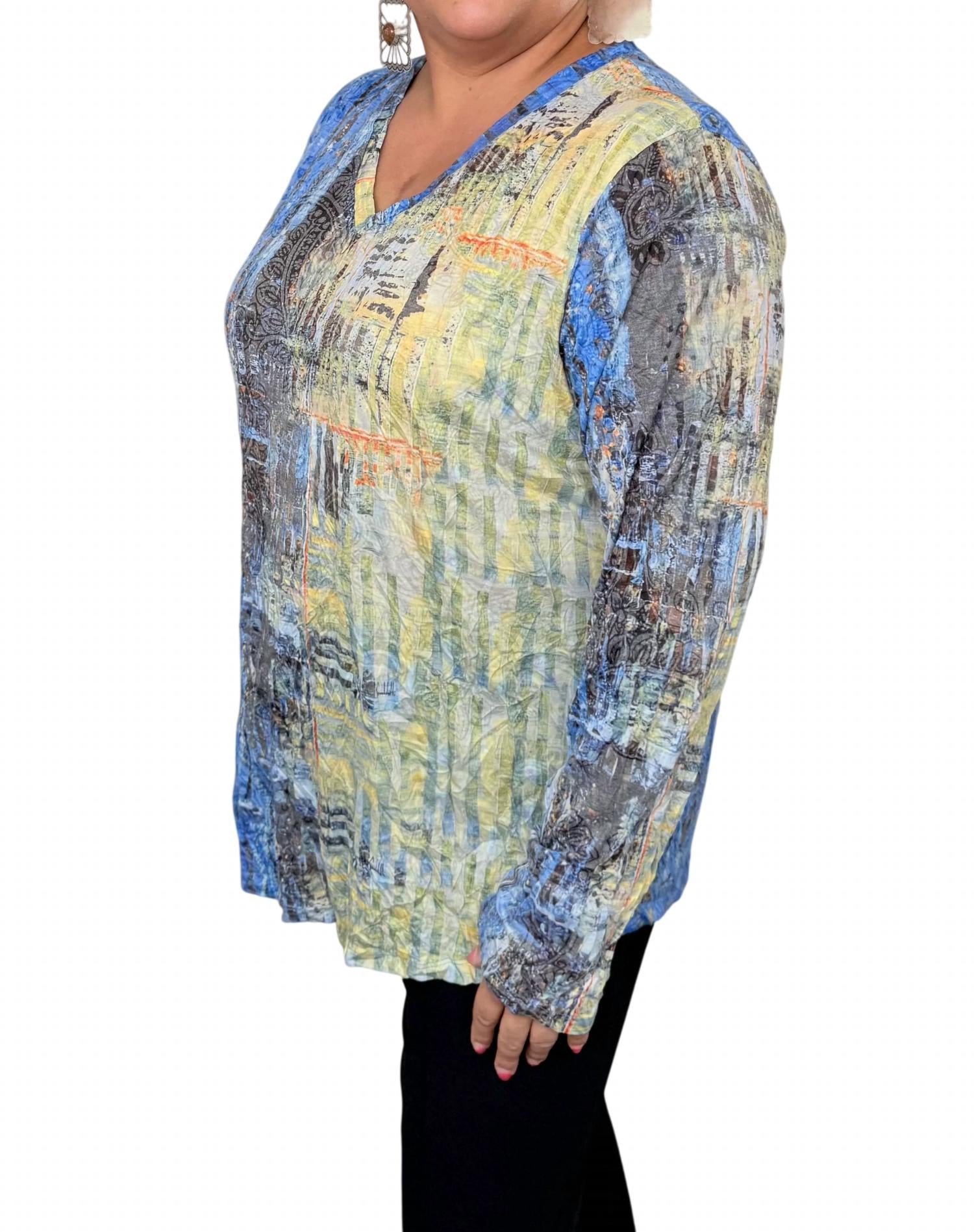 Shana Apparel Long Sleeve Crinkle Tunic Top in blue multi - women's long sleeve top - detail view