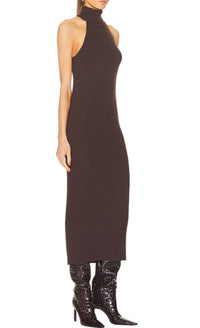 Enza Costa Knit Halter Turtleneck Fluid Dress in bitter brown - women's dress - alternate view
