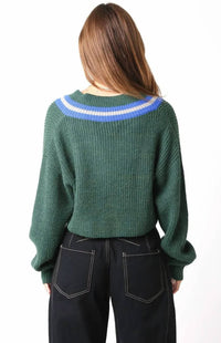 Olivaceous - Varsity Cable V Neck Sweater