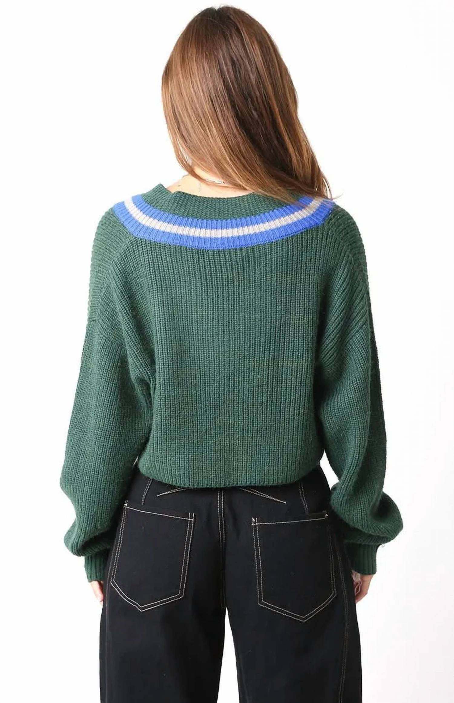 Olivaceous - Varsity Cable V Neck Sweater