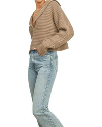 Buttermelon DRAMA COLLAR V NECK SWEATER in taupe - women's sweater - detail view