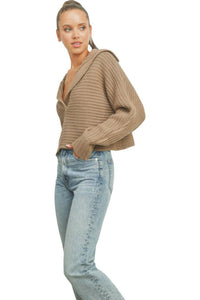 Buttermelon DRAMA COLLAR V NECK SWEATER in taupe - women's sweater - alternate view