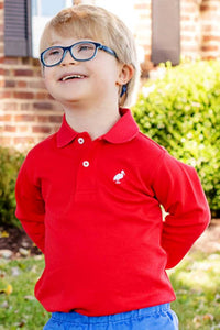 The Beaufort Bonnet Company Boy's Long Sleeve Prim & Proper Polo in richmond red with worth avenue white stork - kids' shirt