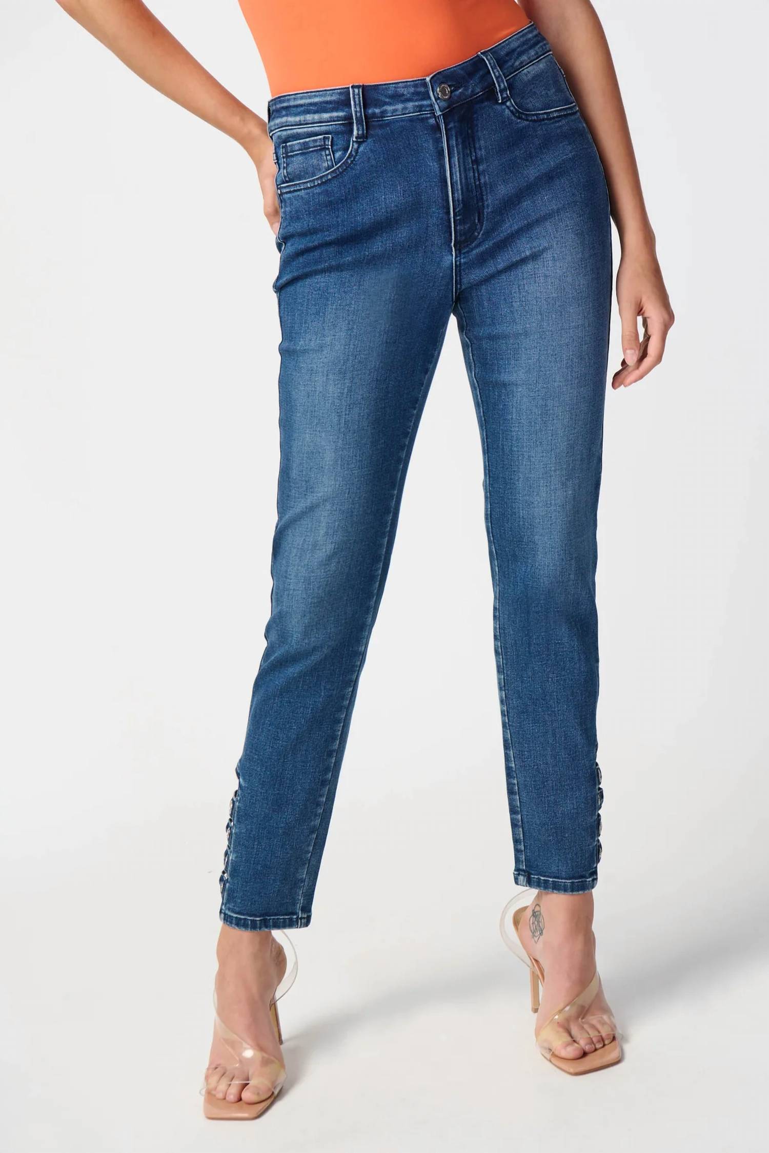 Joseph Ribkoff - Embellished Hem Ankle Grommets Straight Jeans