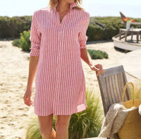 Frank & Eileen Women's Mary Classic Shirtdress in red white stripe - women's dress - detail view