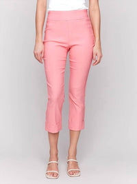 CHARLIE B Solid Pull On Stretch Cropped Cuffed Pants in watermelon - women's pants