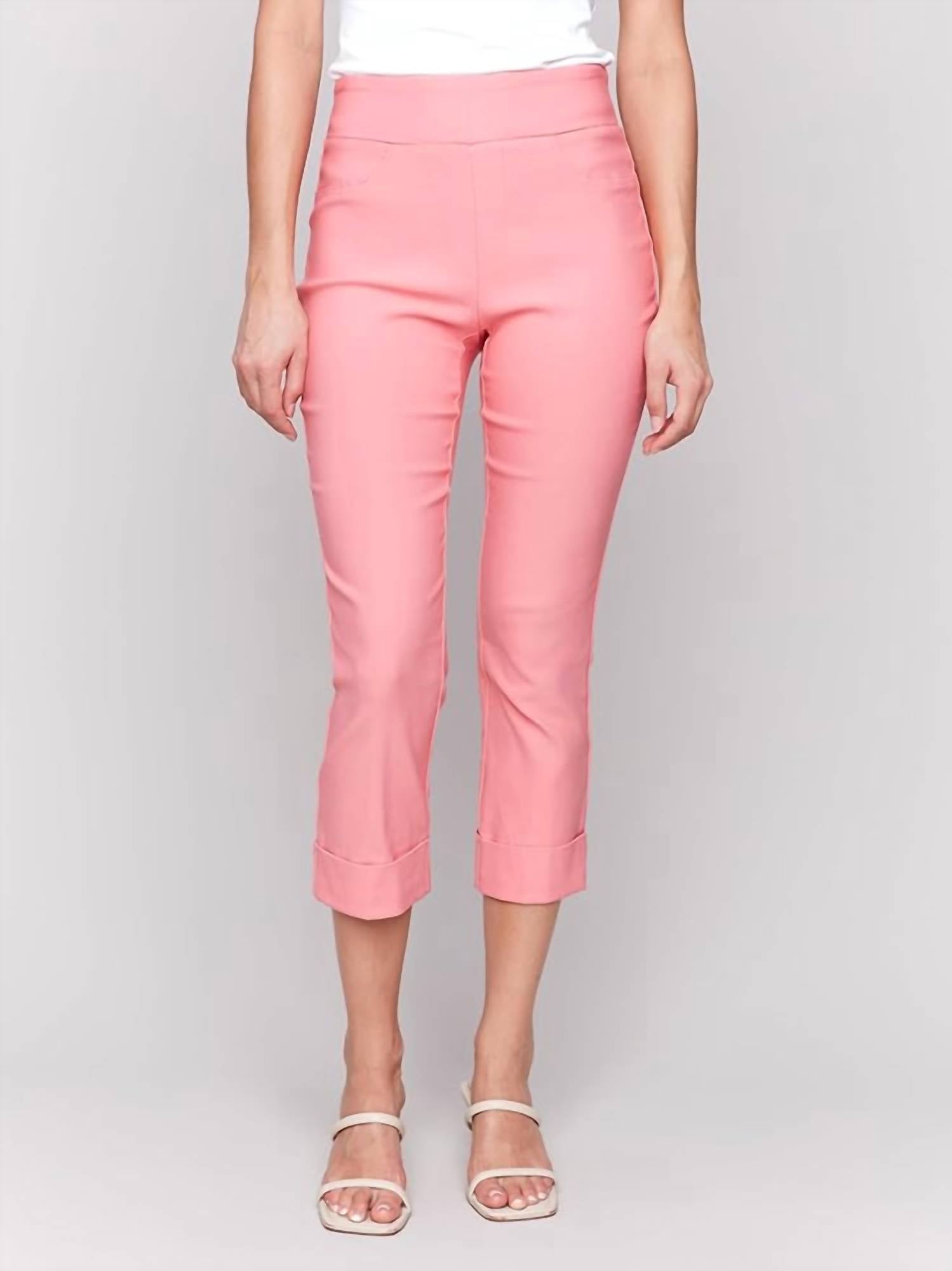 CHARLIE B Solid Pull On Stretch Cropped Cuffed Pants in watermelon - women's pants