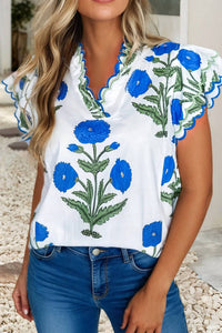 Little Daisy Closet - Flower Contrast Trim Scallop Detail Short Sleeve Blouse
