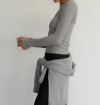 DONNI. Pointelle Long Sleeve Top in heather grey - women's long sleeve top - detail view