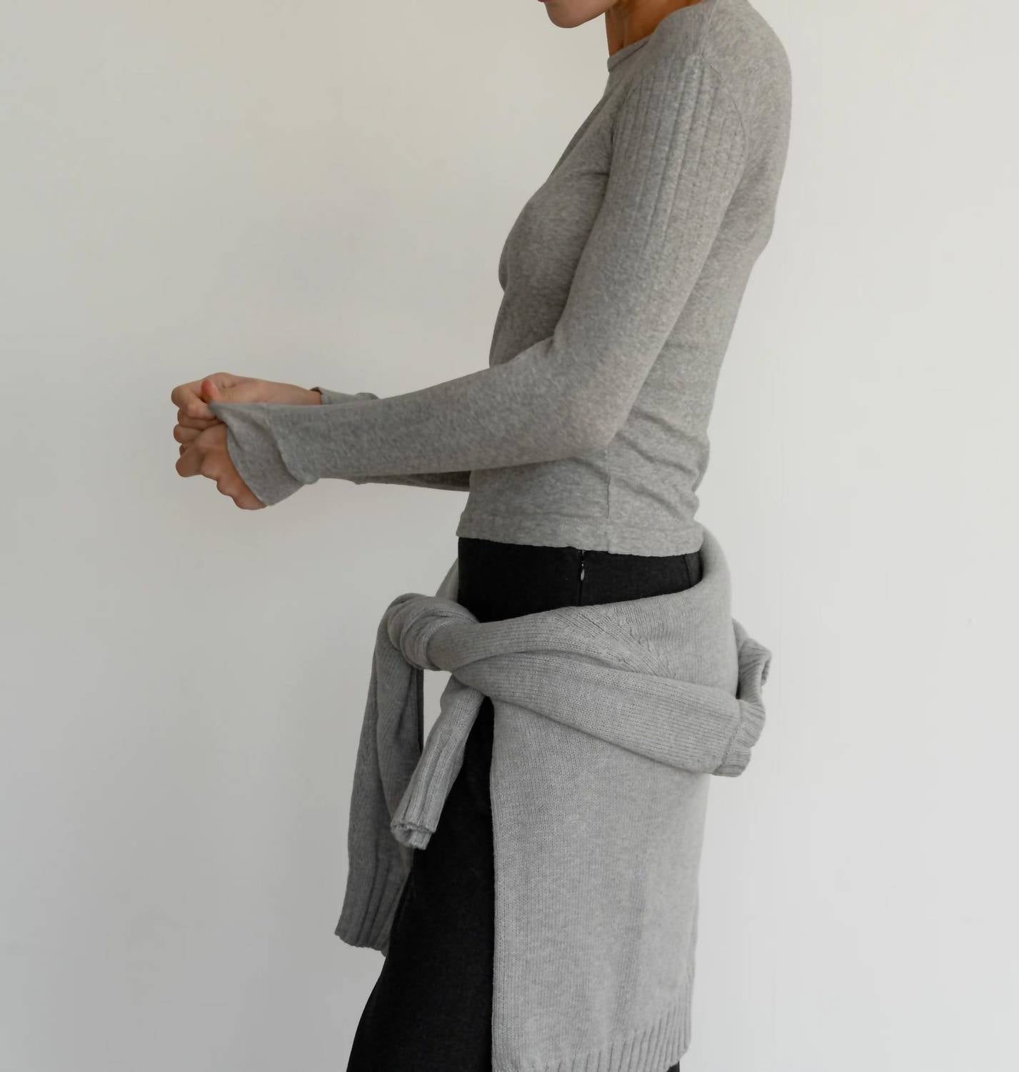 DONNI. Pointelle Long Sleeve Top in heather grey - women's long sleeve top - detail view