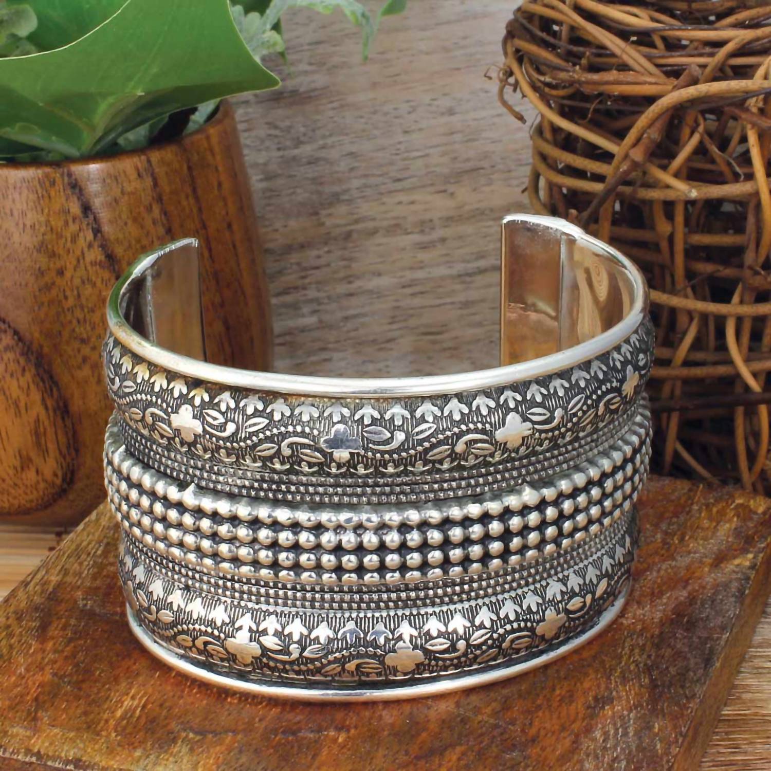 Zad - Women's Wide Embossed Floral Cuff Bracelet