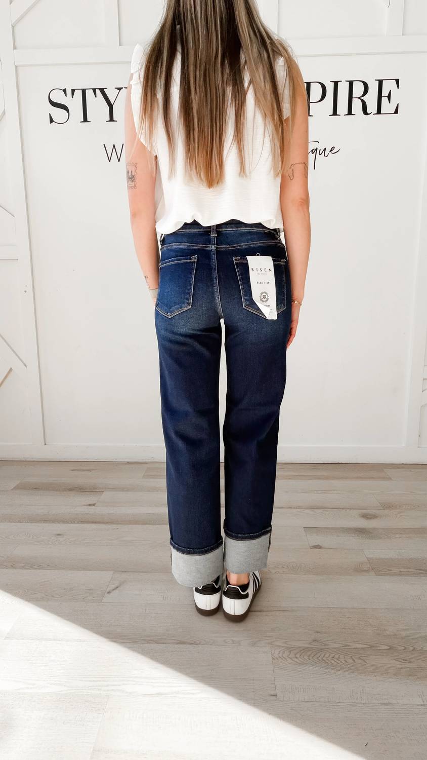 Risen - Mid Rise Cuffed Straight Jeans